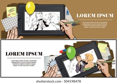 Stock illustration. People in retro style pop art and vintage advertising. Proud guy adjusting his bow-tie. Girl terrified by this. Hand paints picture on tablet.