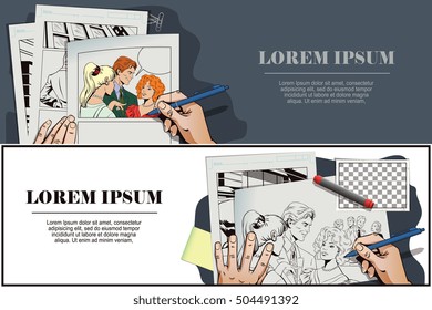Stock illustration. People in retro style pop art and vintage advertising. Men and girls talking. Gossip at party. Hand paints picture.
