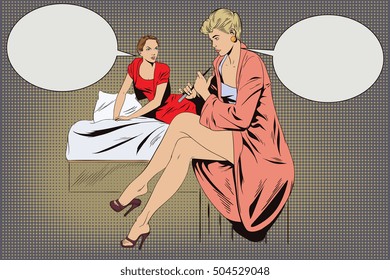 Stock illustration. People in retro style pop art and vintage advertising. Girl does manicure and talking with friend.