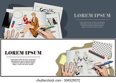 Stock illustration. People in retro style pop art and vintage advertising. Girl does manicure and talking with friend. Hand paints picture.