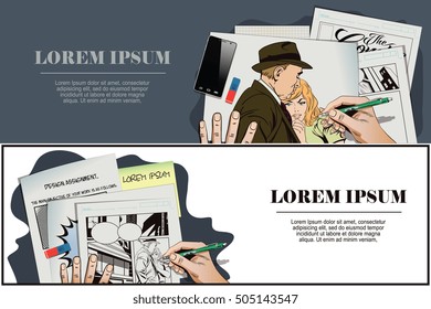 Stock illustration. People in retro style pop art and vintage advertising. Father and daughter, sad young girl resting on her father's shoulder. Hand paints picture.