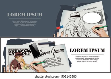 Stock illustration. People in retro style pop art and vintage advertising. Father and daughter, sad young girl resting on her father's shoulder. Hand paints picture.