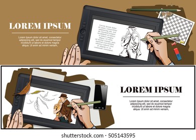 Stock illustration. People in retro style pop art and vintage advertising. Father and daughter, sad young girl resting on her father's shoulder. Hand paints picture on tablet.