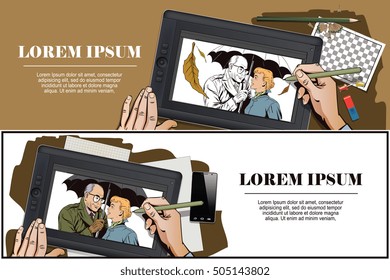 Stock illustration. People in retro style pop art and vintage advertising. Elderly man and beautiful girl under an umbrella. Hand paints picture on tablet.
