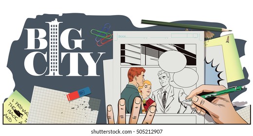 Stock illustration. People in retro style pop art and vintage advertising. Quarrel. Rough talk. Two Guys arguing over a Girl. Hand paints picture.