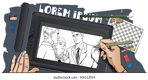 Stock illustration. People in retro style pop art and vintage advertising. Quarrel. Rough talk. Two Guys arguing over a Girl. Hand paints picture on tablet.