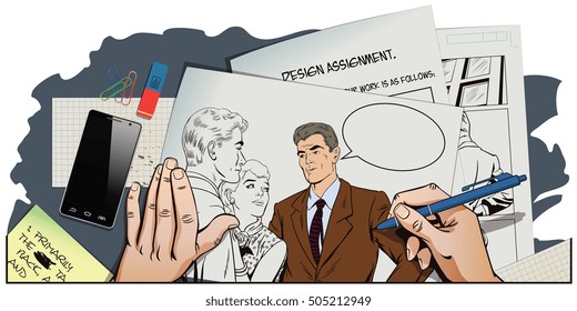 Stock illustration. People in retro style pop art and vintage advertising. Quarrel. Rough talk. Two Guys arguing over a Girl. Hand paints picture.