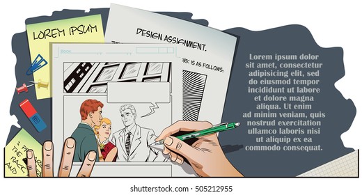 Stock illustration. People in retro style pop art and vintage advertising. Quarrel. Rough talk. Two Guys arguing over a Girl. Hand paints picture.