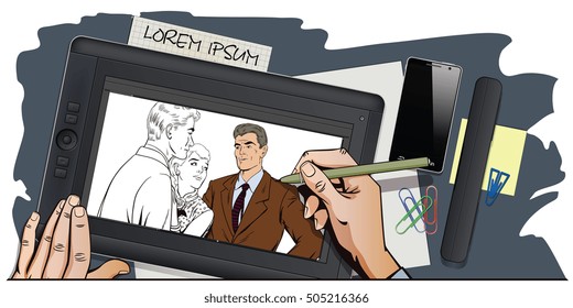 Stock illustration. People in retro style pop art and vintage advertising. Quarrel. Rough talk. Two Guys arguing over a Girl. Hand paints picture on tablet.