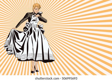 Stock illustration. People in retro style. Presentation template. Girl looking wedding gown.