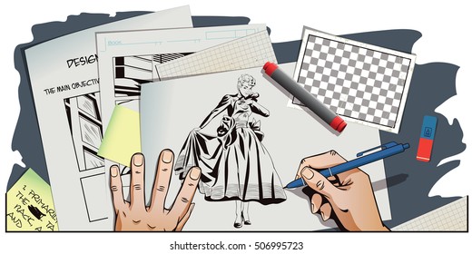 Stock illustration. People in retro style. Presentation template. Girl looking wedding gown. Hand paints picture.