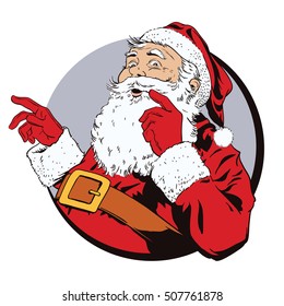 Stock illustration. People in retro style. Presentation template. Santa Claus with a welcome gesture.