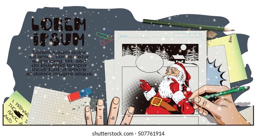 Stock illustration. People in retro style. Presentation template. Santa Claus with a welcome gesture. Hand paints picture.