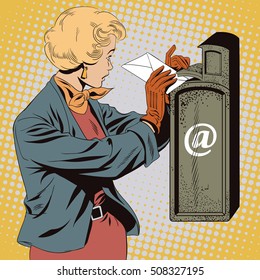 Stock illustration. People in retro style pop art and vintage advertising. Girl puts letter into mailbox.