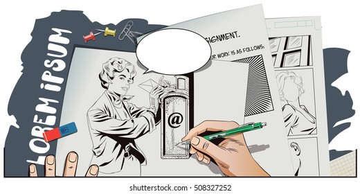 Stock illustration. People in retro style pop art and vintage advertising. Girl puts letter into mailbox. Hand paints picture.