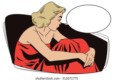 Stock illustration. People in retro style. Presentation template. Portrait of beautiful sad girl. 