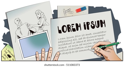 Stock illustration. People in retro style. Presentation template. Young couple talking. Hand paints picture.