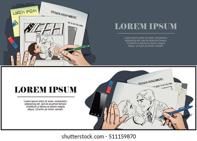 Stock illustration. People in retro style pop art and vintage advertising. Conflict men. Fight businessman. Hand paints picture.