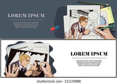 Stock illustration. People in retro style pop art and vintage advertising. Conflict men. Fight businessman. Hand paints picture.