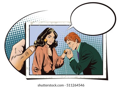 Stock illustration. People in retro style. Presentation template. Man kisses a hand to girl. Hand with photo.