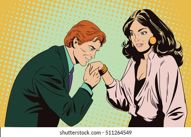 Stock illustration. People in retro style. Presentation template. Man kisses a hand to girl.