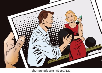 Stock illustration. People in retro style. Presentation template. Man throws ball in bowling. Hand with photo.