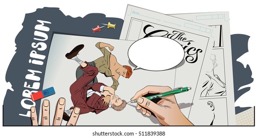Stock illustration. People in retro style. Presentation template. Woman beats man. Hand paints picture.