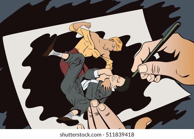 Stock illustration. People in retro style. Presentation template. Woman beats man. Hand paints picture.