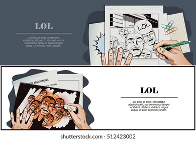 Stock illustration. People in retro style pop art and vintage advertising. Laughing man. Hand paints picture