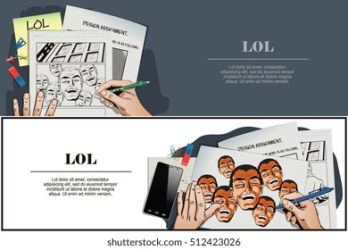 Stock illustration. People in retro style pop art and vintage advertising. Laughing man. Hand paints picture