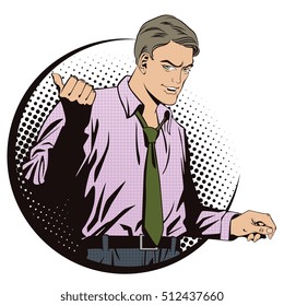 Stock illustration. People in retro style. Presentation template. Successful businessman is pointing finger. Promo man. Your advertising brand here. 