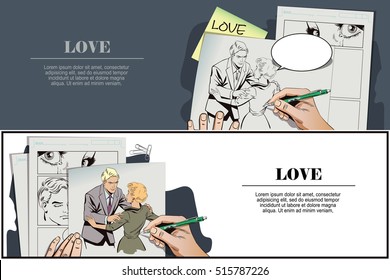 Stock illustration. People in retro style pop art and vintage advertising. Broken heart. Girl and boy talking. Hand paints picture.