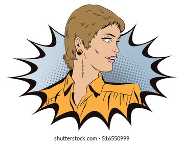 Stock illustration. People in retro style. Presentation template. Girl looks back.
