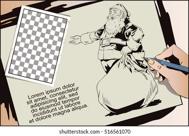 Stock illustration. People in retro style. Presentation template. Santa Claus with a bag full of presents. Hand paints picture.