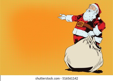 Stock illustration. People in retro style. Presentation template. Santa Claus with a bag full of presents.