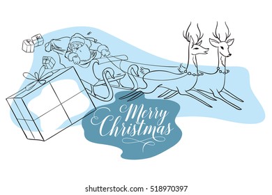 Stock illustration. People in retro style. Presentation template. Santa throws presents from sleigh. Christmas gifts.