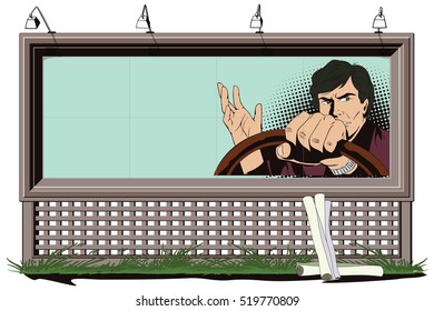Stock illustration. People in retro style. Presentation template. Man driving a car. Poster for your brand.