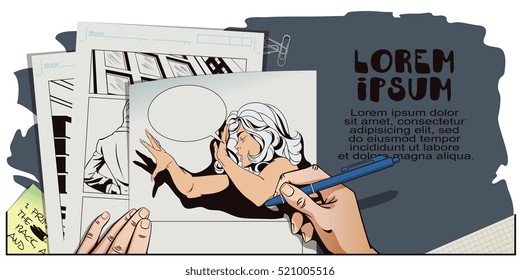 Stock illustration. People in retro style. Presentation template. Girl screaming in horror. Hand paints picture.