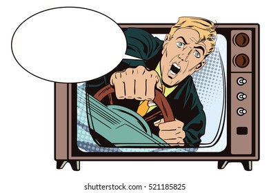 Stock illustration. People in retro style. Presentation template. Scared man driving a car in tv.