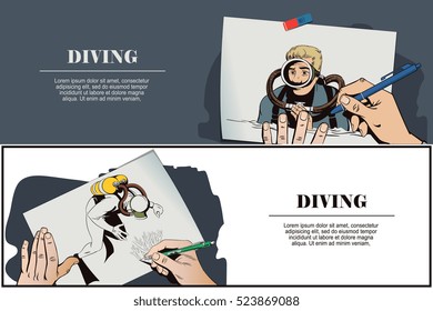 Stock illustration. People in retro style pop art and vintage advertising. Hand paints picture. Diver.