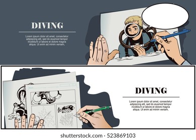 Stock illustration. People in retro style pop art and vintage advertising. Hand paints picture. Diver.