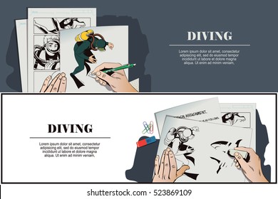 Stock illustration. People in retro style pop art and vintage advertising. Hand paints picture. Diver.