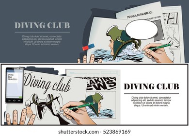 Stock illustration. People in retro style pop art and vintage advertising. Diver. Hand paints picture.