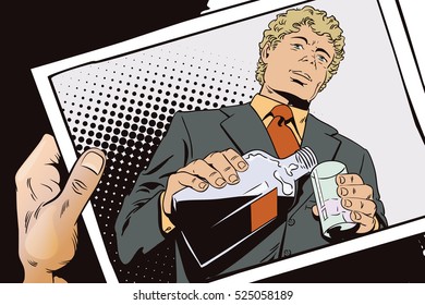 Stock illustration. People in retro style. Presentation template. An elegant man drinking whisky. Hand with photo.