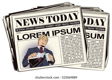 Stock illustration. People in retro style. Presentation template. An elegant man drinking whisky. Newspaper article.