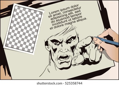 Stock illustration. People in retro style. Presentation template. Rage men screaming. Hand paints picture.
