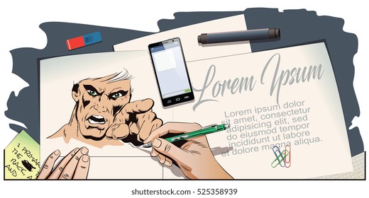 Stock illustration. People in retro style. Presentation template. Rage men screaming. Hand paints picture.