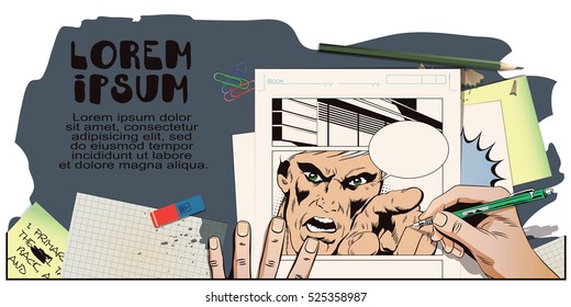 Stock illustration. People in retro style. Presentation template. Rage men screaming. Hand paints picture.