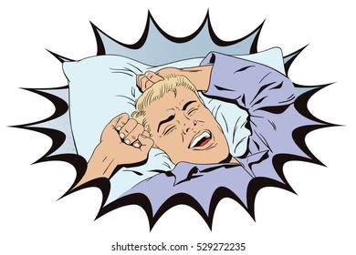 Stock illustration. People in retro style. Presentation template. Young man is waking in bed morning. He is yawning and stretching his arms up. 