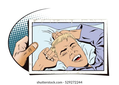 Stock illustration. People in retro style. Presentation template. Young man is waking in bed morning. He is yawning and stretching his arms up. Hand with photo.